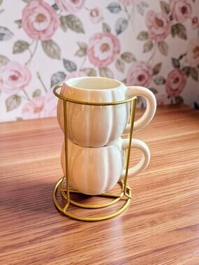 Horizon Group Pumpkin Mugs Set of 2 w Gold Stacking Rack Cream NWOT Fall Decor